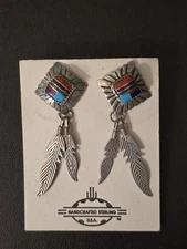 925 Sterling Tony Kyasyousie Hopi Earrings Stud Feathers Turquoise Inlay Gift