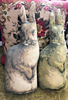 Antique cloth litho print bunny dolls Arnold Print Works pat 1892 original PAIR