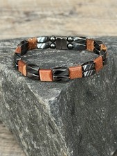 Black Magnetic Hematite Therapy Bracelet Anklet 2 Row w Brown Stone