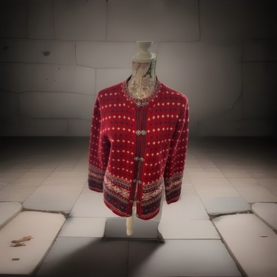 Guide Series Red Fair Isle Nordic Wool Blend Toggle Cardigan Heart Clasp Sz L