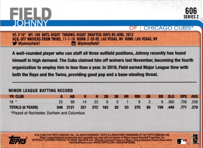 5 CARD LOT - 2019 Topps - Johnny Field #606 - Image 2 of 2