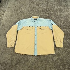 VTG Wrangler Shirt Mens Large Beige Denim Color Block Aztec Western Pearl Snap