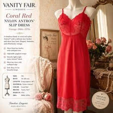 Rare Vanity Fair Red Nylon Antron Slip Dress Sz 34L Vintage Lingerie Lace Bodice