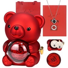 Preserved Red Real Rose with Heart Necklace  Eternal Flowers Rose Bear Gif