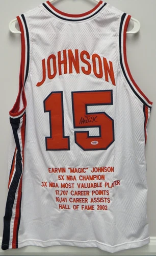 MAGIC JOHNSON USA BASKETBALL SIGNED CUSTOM STAT JERSEY SZ XL PSA LAKERS CG4