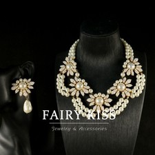 Handmade Pearl Flower Women Statement Necklace Earrings Wedding Jewelry Set