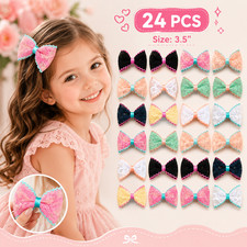 24 Pack Girls Lace Hair Bow Clips 3.5" Lace Bow Barrettes Hair Accessories