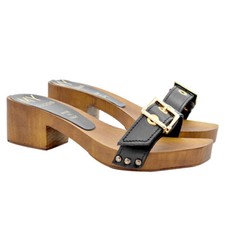 Black Clogs With Leather Strap And Golden Buckle 4.5 Cm Heel - MY932 BLACK