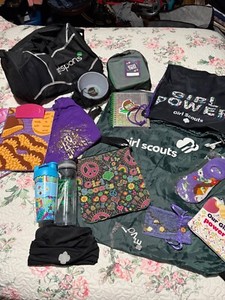 16+ Girl Scout Lot of bags, mess kits, bottles, Earrings, necklace.