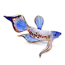 4½" L Blue White Betta Glass Figurine Siamese Fighting Fish Miniature Animal Art