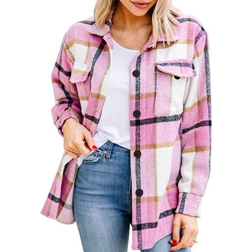 Warm Woolen Jacket Shacket Baggy Tartan Tops Check Fleece Winter Coat for Women - Picture 7 of 17