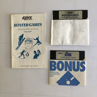 1985 Vintage Winter Games Epyx Apple II 2 PC Game w Manual & California Games