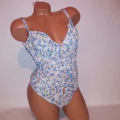 For Love & Lemons Victoria Secret Lingerie Teddy Bodysuit XL Blue White Floral