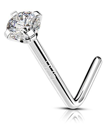 925 Sterling Nose Stud, Bone L Screw Shaped Nose Rings, 20G Nostril Silver