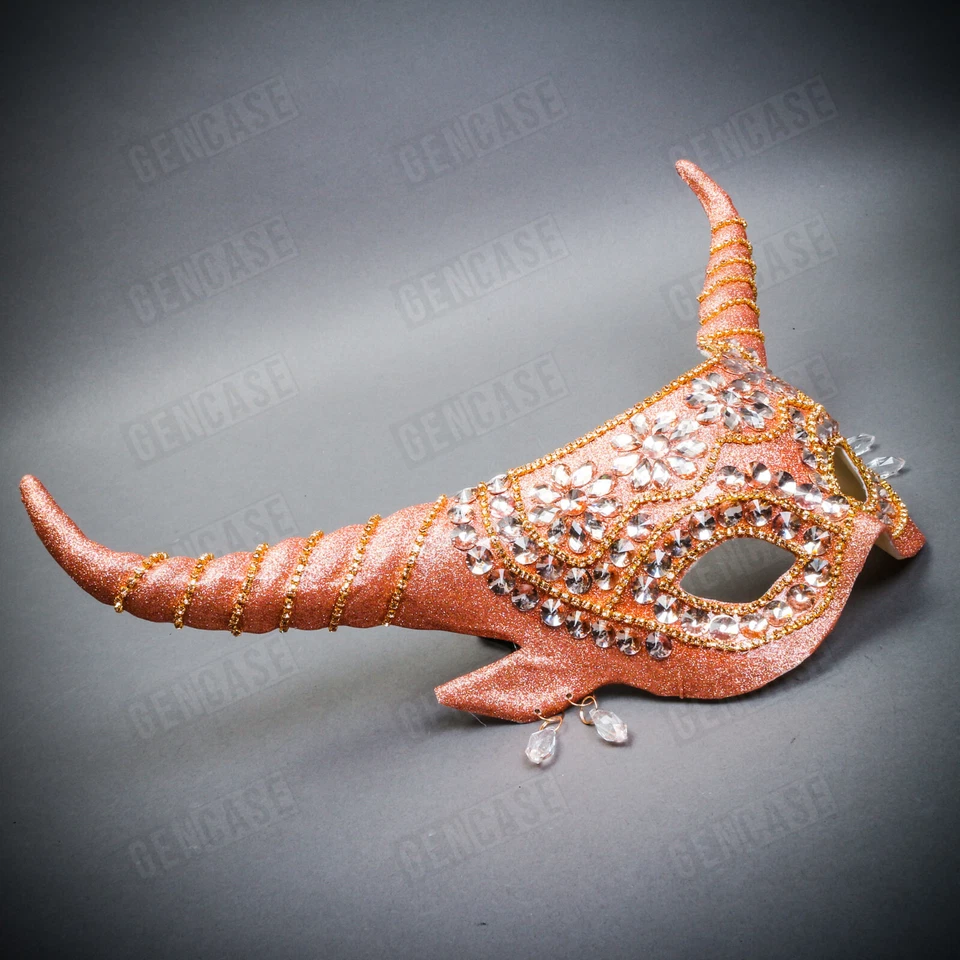 Máscara feminina luxuosa Krampus chifres longos glitter elegante diabo ouro rosa - Imagem 3 de 4