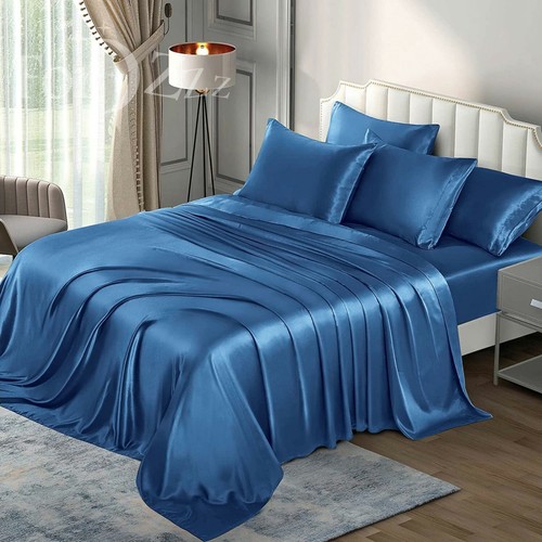 Luxury 6 Piece Art Silk Satin Flat Fitted Sheet Set Single Double Queen King Bed - Picture 16 of 17