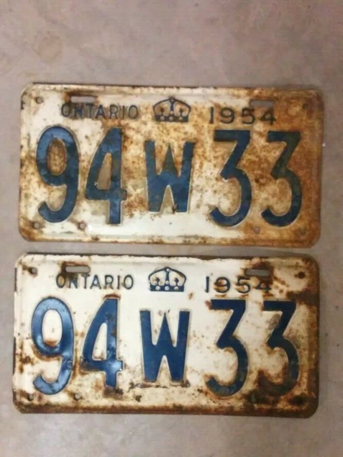 Vintage 1954 ONTARIO ON Canada Vehicle License Plate SET MATCHED PAIR ~ 94w33