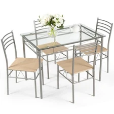 5 Piece Elegant Dining Set Glass Table & 4-Chairs Kitchen Dinner Room Furniture
