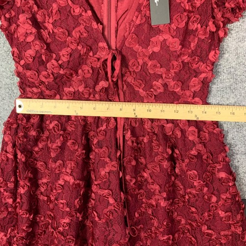 NEW $88 Lulus Elegant Delight Wine Red 3D Floral Lace Puff Sleeve Mini Dress S - Picture 7 of 17