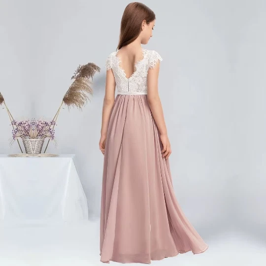 A-line Scoop Floor-Length Chiffon Lace Satin Junior First Communion Dress - Image 2 of 4