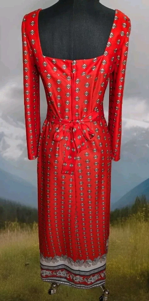 Maxi Vestido Vintage DONCASTER Estampado Seda con Cinturón y Bufanda Flores Rojas Talla 6-8 Foto 4 de 4