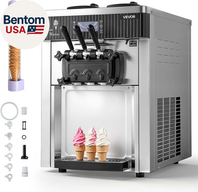 Commercial Ice Cream Machine, 20-28L/H Yield, 2200W 3-Flavor Countertop Soft Ser