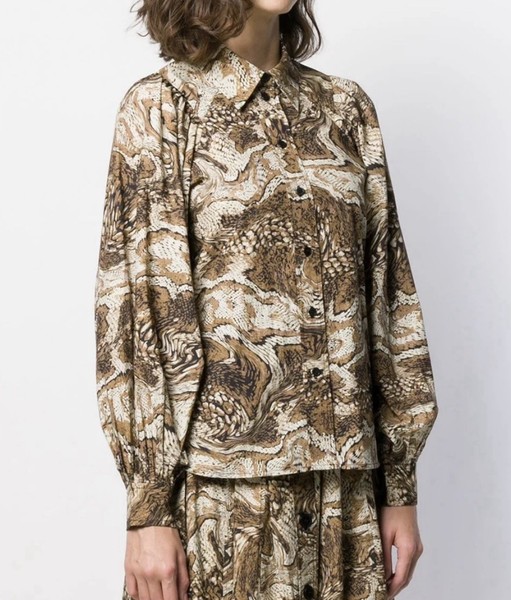 Ganni Tigers Eye Print Cotton Poplin Shirt Blouse Balloon Sleeve Brown Small