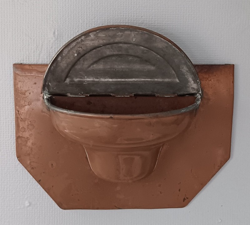 Antique Covered Holy Water Stoup Basin Font Copper / Patina Wall Mount RARE FIND