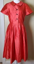 Vintage Rickie Freeman Teri Jon Silk Coral Pleated Preppy Shirt Dress Size 6