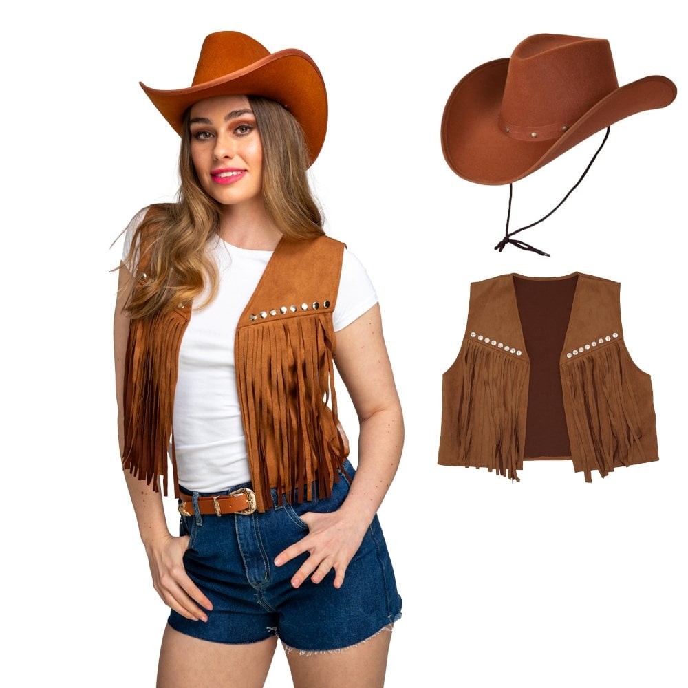 NEW Ladies Brown Faux Suede Waistcoat w Fringes + Brown Texan Cowboy Hat Hen Do