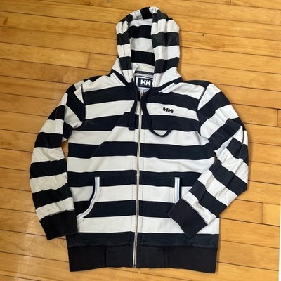 Helly Hansen Mens Striped Full Zip Hoodie Black White Cotton Sweatshirt Size M