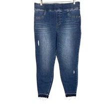 SPANX Jeans Womens 1XP Petite Blue Pull On Jeggings Distressed Dark Wash Frayed