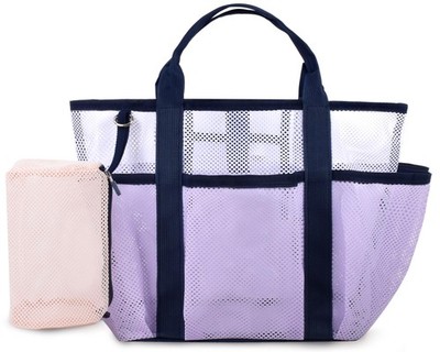 Genteen Mesh Beach Bag, Waterproof Lightweight, Tote with Small-purple 