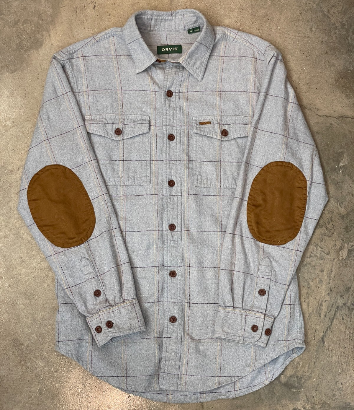 Orvis Flannel Button-Up Shirt Men M Blue Plaid Cotton Elbow Patch Chest Pockets