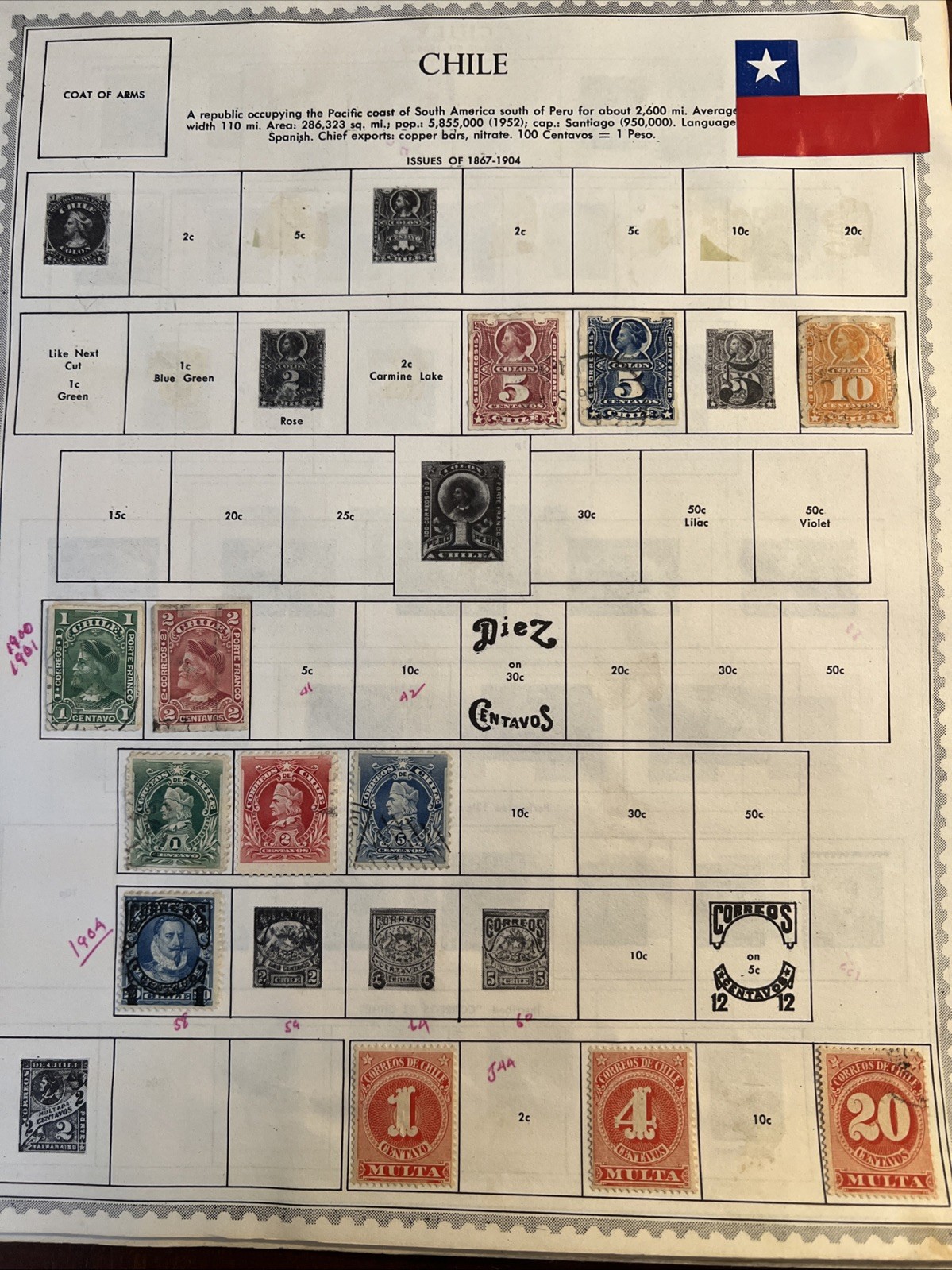 Chile Stamp Collection on Minkus Album Pages - 290 stamps MH And Used
