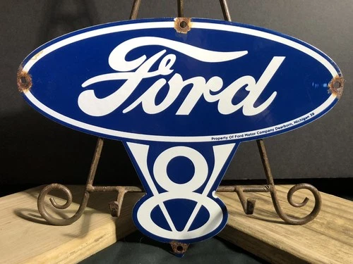 VINTAGE 1939 DATED FORD MOTOR COMPANY V8 PORCELAIN ENAMEL DEALERSHIP SIGN