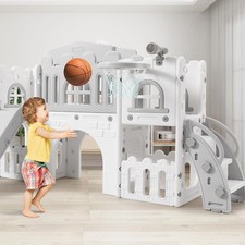 8 in 1 Toddler Slide Playset for Age 1-3 with Climber Toy Storage Gray and White