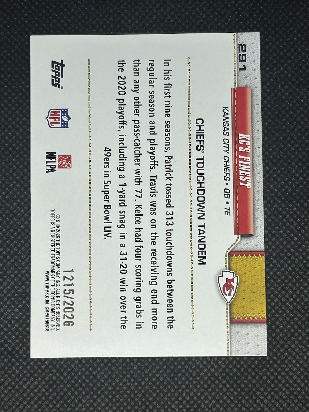 2026 Topps Flagship KC's Finest #291 Gold /2026 Patrick Mahomes Travis Kelce view 2