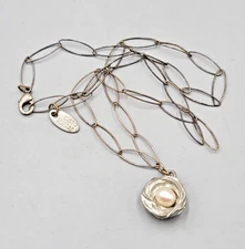 Alise Sheehan Necklace Real Pearl Birds Nest Pendant Silver tone 19 in