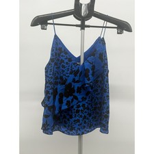 Alice Olivia Blue Black Floral Silk Ruffle Camisole Tank Top CC811P11012 Small