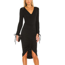 Michael Costello Black Ruched Midi Dress XXS Bodycon Cocktail Designer $230 NEW