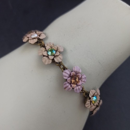 Michal Negrin Bracelet Pastel Pink/Peach/Beige Enamel Flowers Romantic Crystals - Picture 13 of 18
