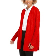 Charter Club Womens M Ravishing Red Button Sleeve Open Cardigan Sweater NWT AO64