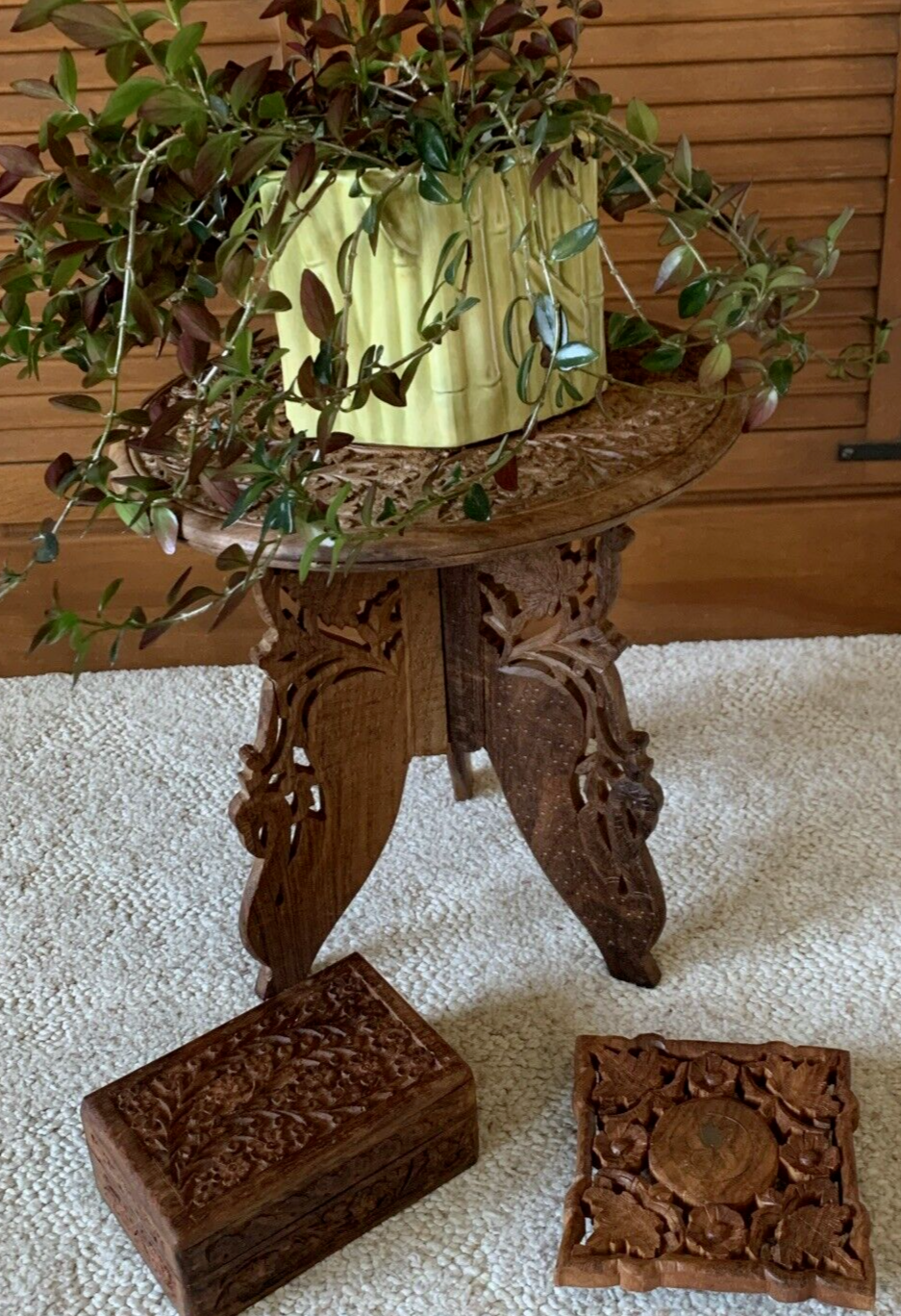 Hand Carved Sheesham Wood lot of 3 Taj Mahal inlay plant stand trivet box Vtg