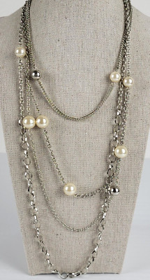 Premier Designs Silver Tone White Faux Pearl Multi Strand Station Necklace 29 In