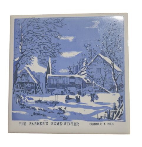 Currier & Ives, The Farmers Home-Winter, CATHAY Tile, Coaster/Trivet/Decor, 4" - Picture 1 of 5