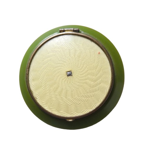 Antique Art Deco Guilloche Enamel Compact Green Bakelite Base