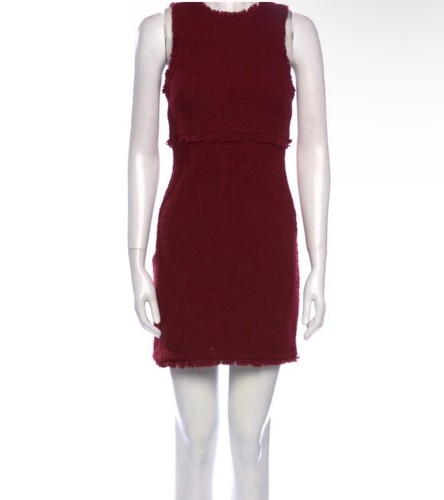 LIKELY Crew Neck Mini Dress Burgundy Tweed Fringe Trim Sleeveless Size SMALL