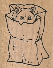 Cat In Bag 2 1/4 x 2 3/4" Rubber Stamp, Cat Stamp, Funny Cat, Cute Cat Stamp