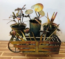 Vintage Flower Garden Cart Burnished Metal Art Sculpture 7.5X8.5"